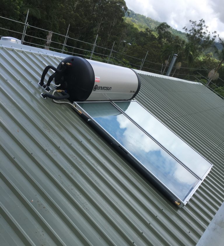 Solar hot water system fitted on a corrugated metal roof in North Lakes