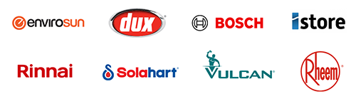 Logos of well-known hot water system brands available on North Lakes