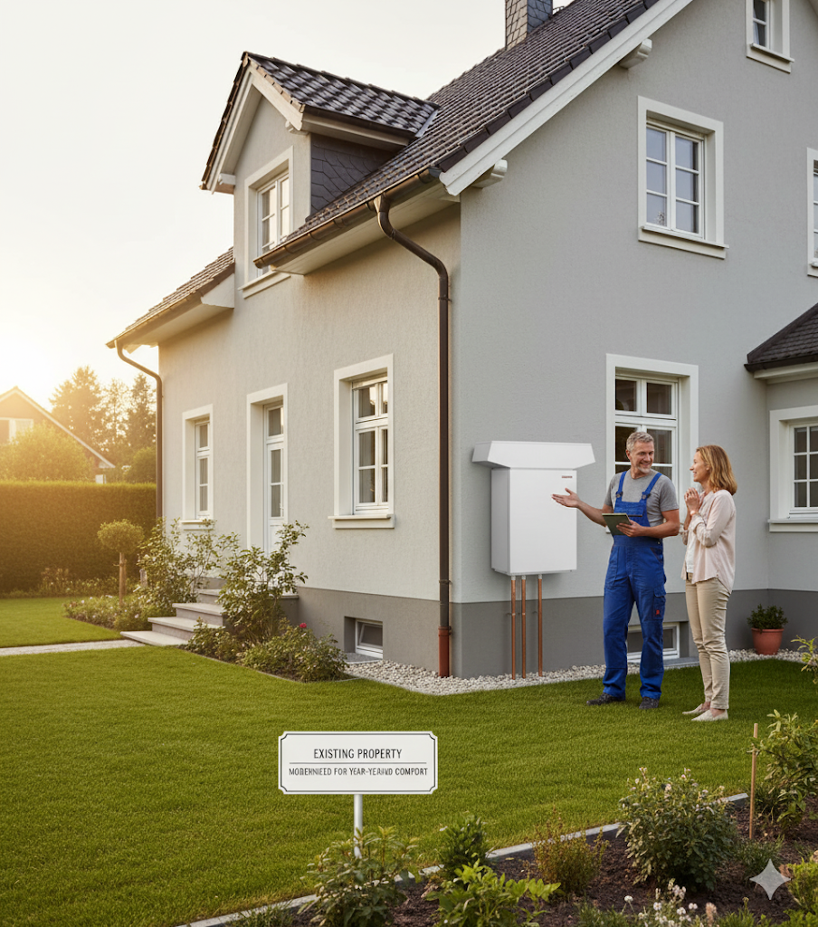 Technician describing an outdoor hot water system installation at a North Lakes residence.