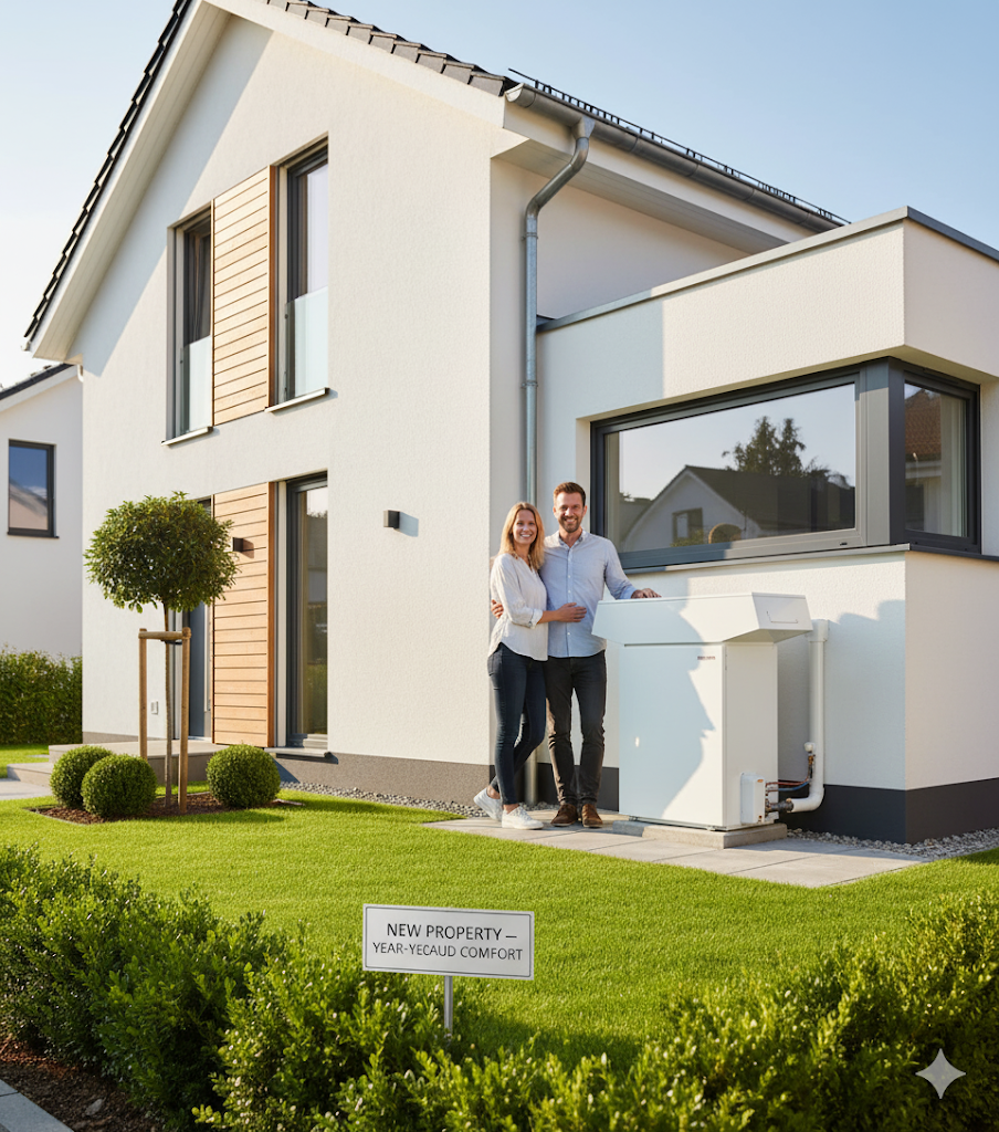 Couple standing next to an outdoor hot water system at a new North Lakes home
